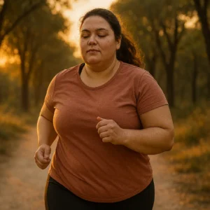 Persona con sobrepeso corriendo al atardecer con expresión de calma, practicando mindfulness running