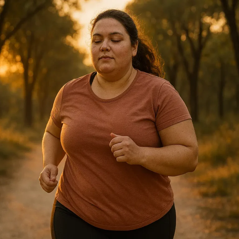 Persona con sobrepeso corriendo al atardecer con expresión de calma, practicando mindfulness running
